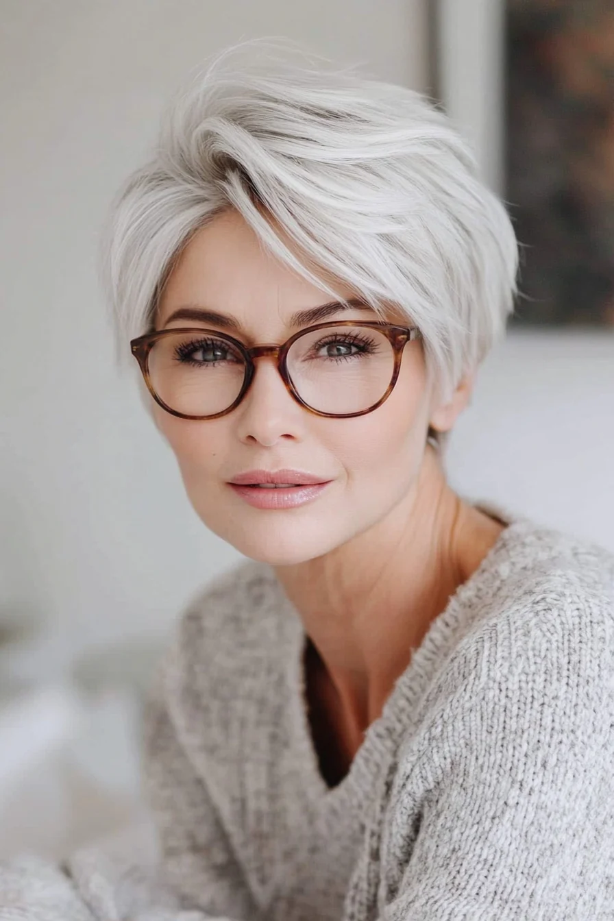 20 trendige Kurzhaarfrisuren für Frauen über 50 mit Brille, die im Jahr 2025 glänzen