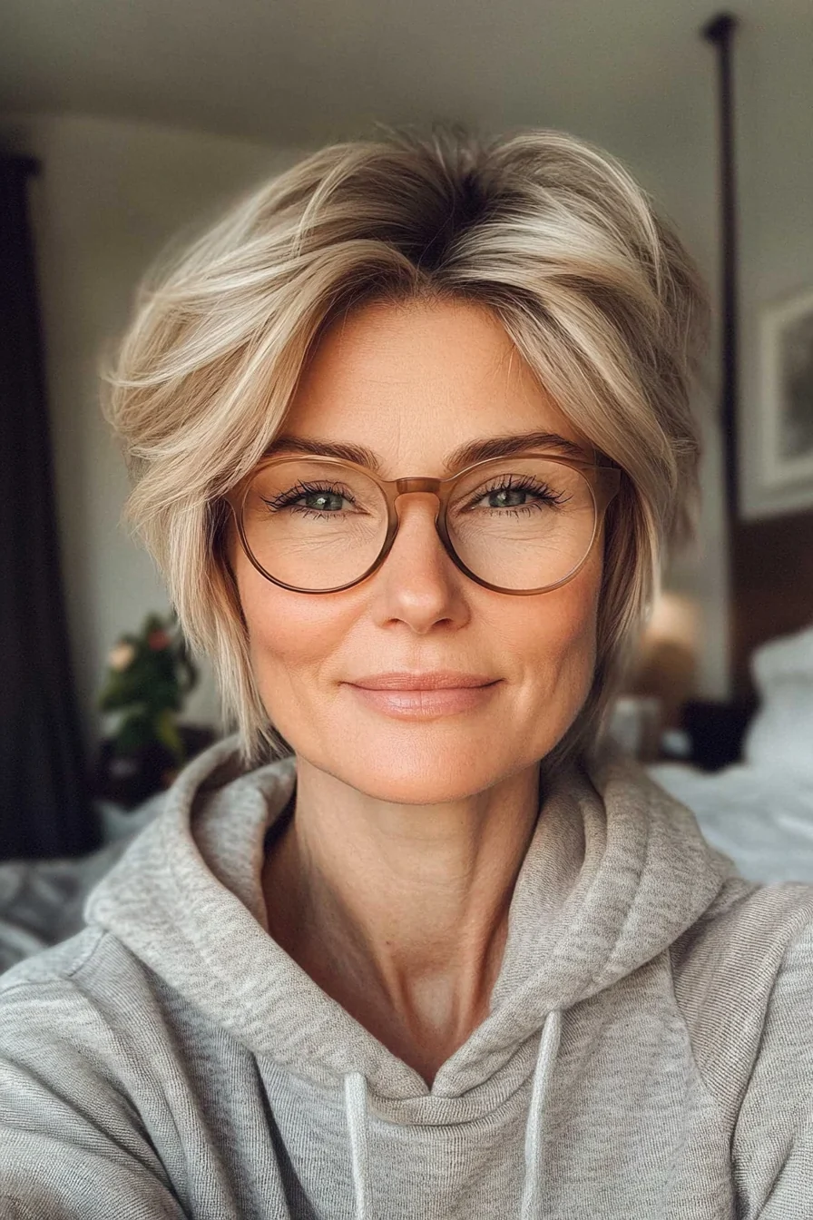 20 trendige Kurzhaarfrisuren für Frauen über 50 mit Brille, die im Jahr 2025 glänzen